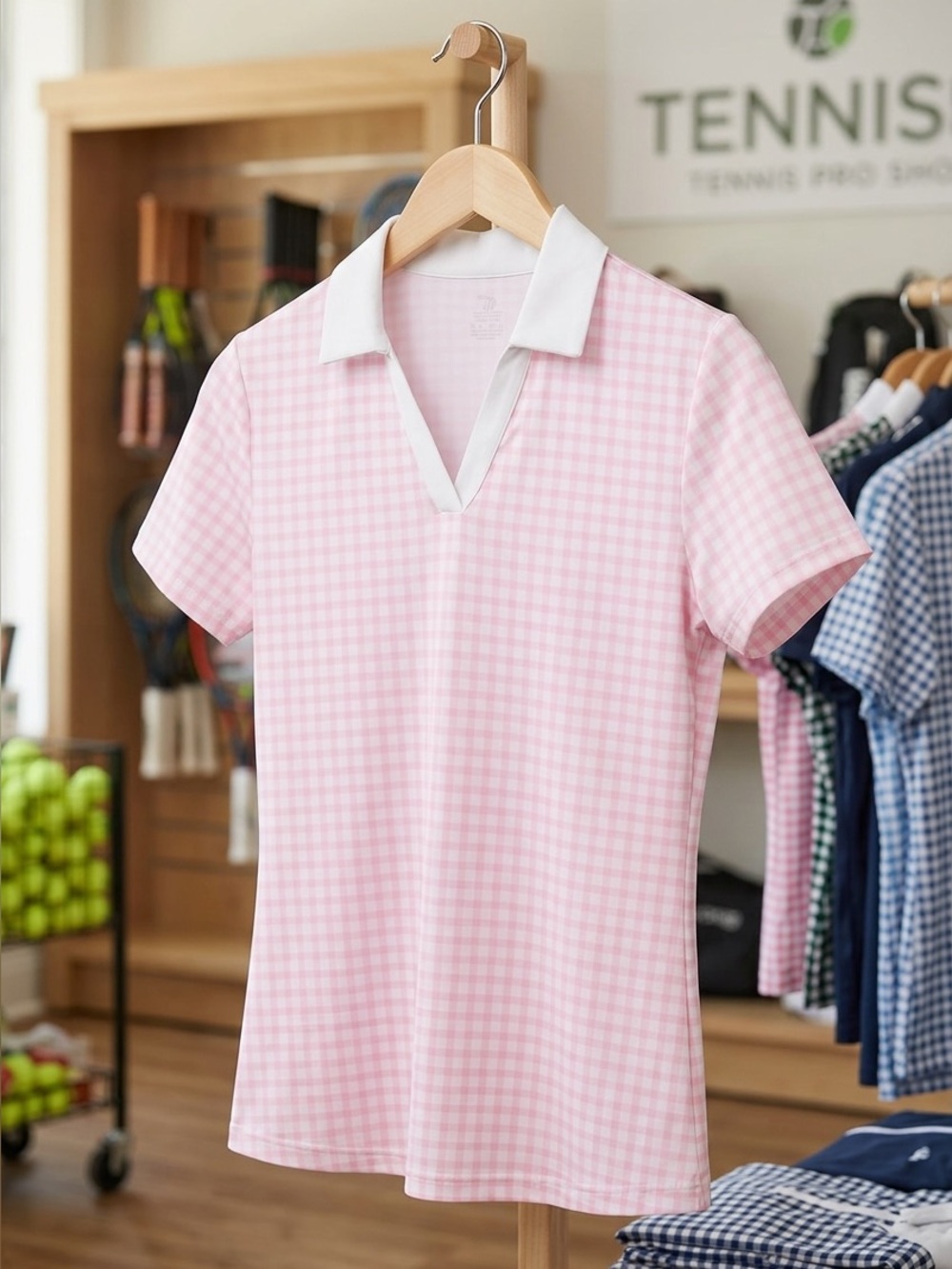 Pink Gingham Short-Sleeve Polo Shirt with White Collar